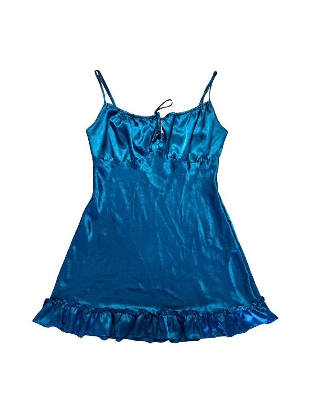 🐬 La Vie En Rose Teal Satin Slip Dress Ruffle Hem Bias Cut Mini S/M Lingerie